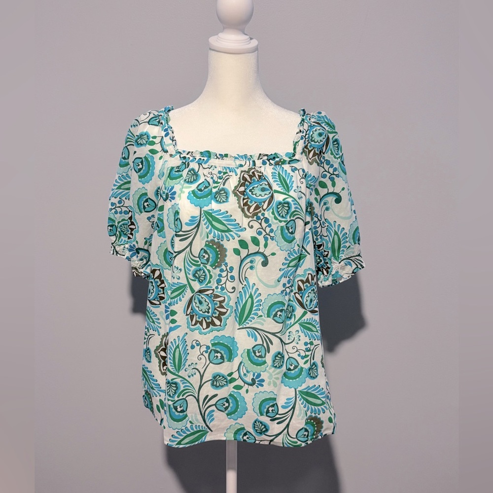 Talbots Floral, Square Neck, Puff Sleeve Blouse with Ruffled Details SP